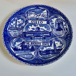 Vintage Ohio Buckeye State Blue & White Ceramic Plate